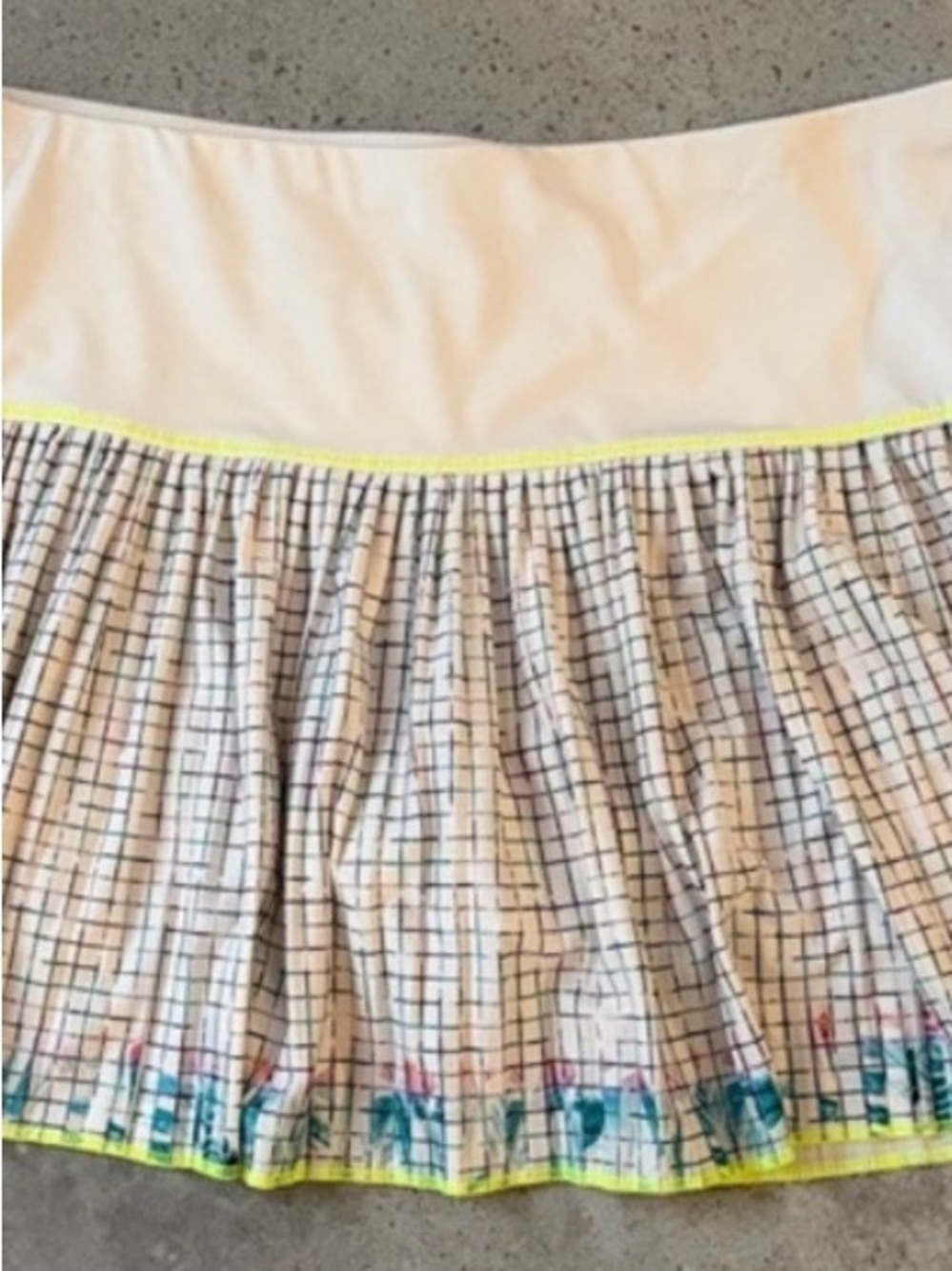 Lucky in Love White Pleated Grid-Print Skater Skirt with Neon Yellow Trim